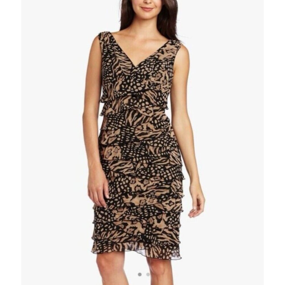 Jones NY Ruffled Silk Dress 14 Black Brown Tiered Ruffle Sleeveless Y2K